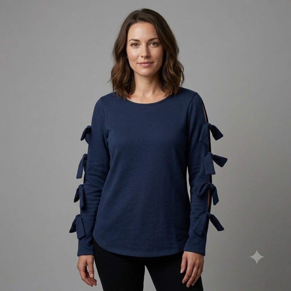 Pleione Navy Blue Bow Sleeve Cold Shoulder Sweatshirt Top Small AMP48010 USA